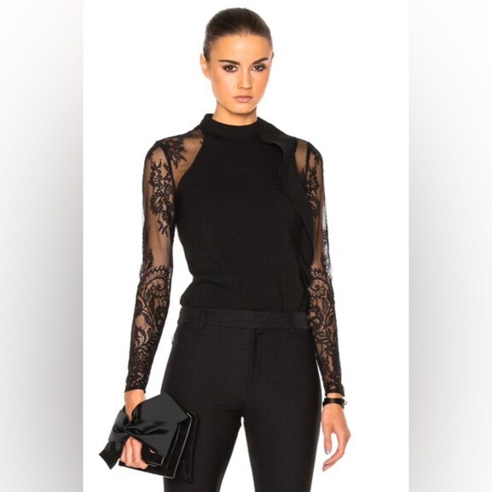 Self-Portrait Ophelia Blouse Ruffled Lace Mesh Black Size 4